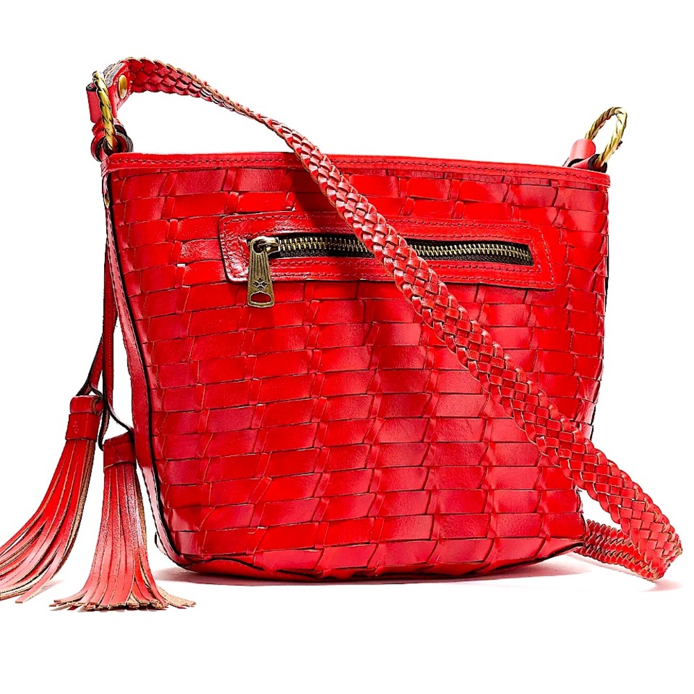 Patricia Nash Woven Leather Valbella Zip Crossbody Bag  Bright Coral NWT